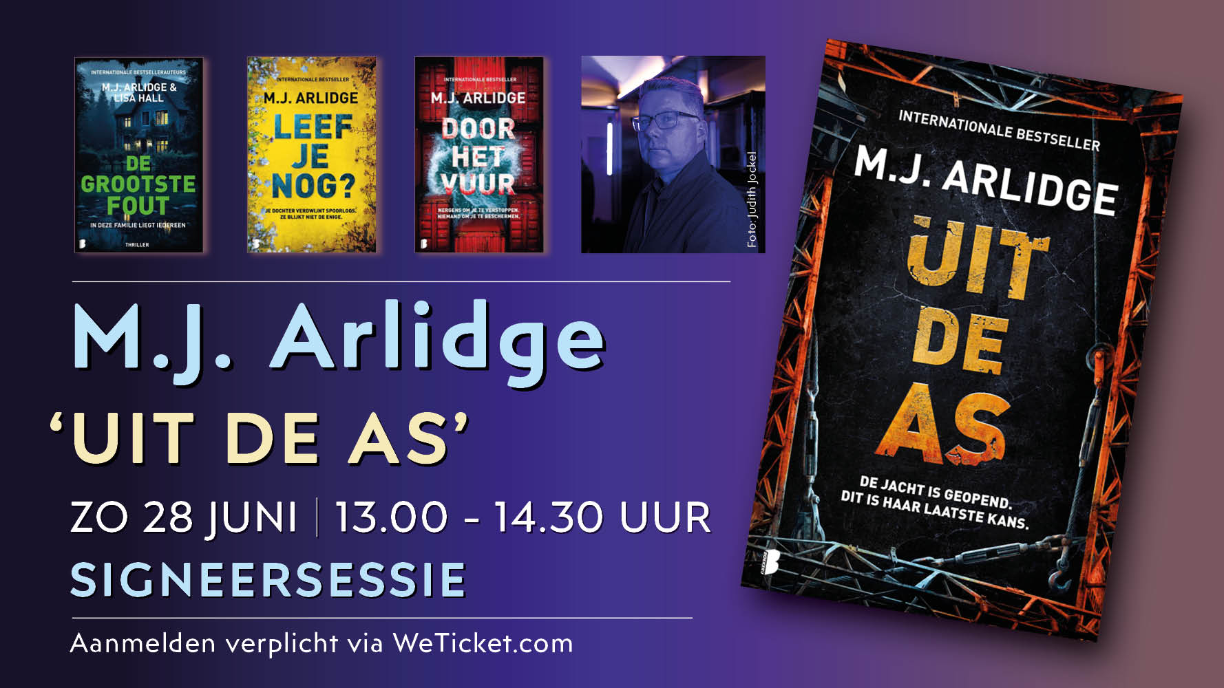 Cover photo for Signeersessie M.J. Arlidge ‘Uit de as’ by Broese
