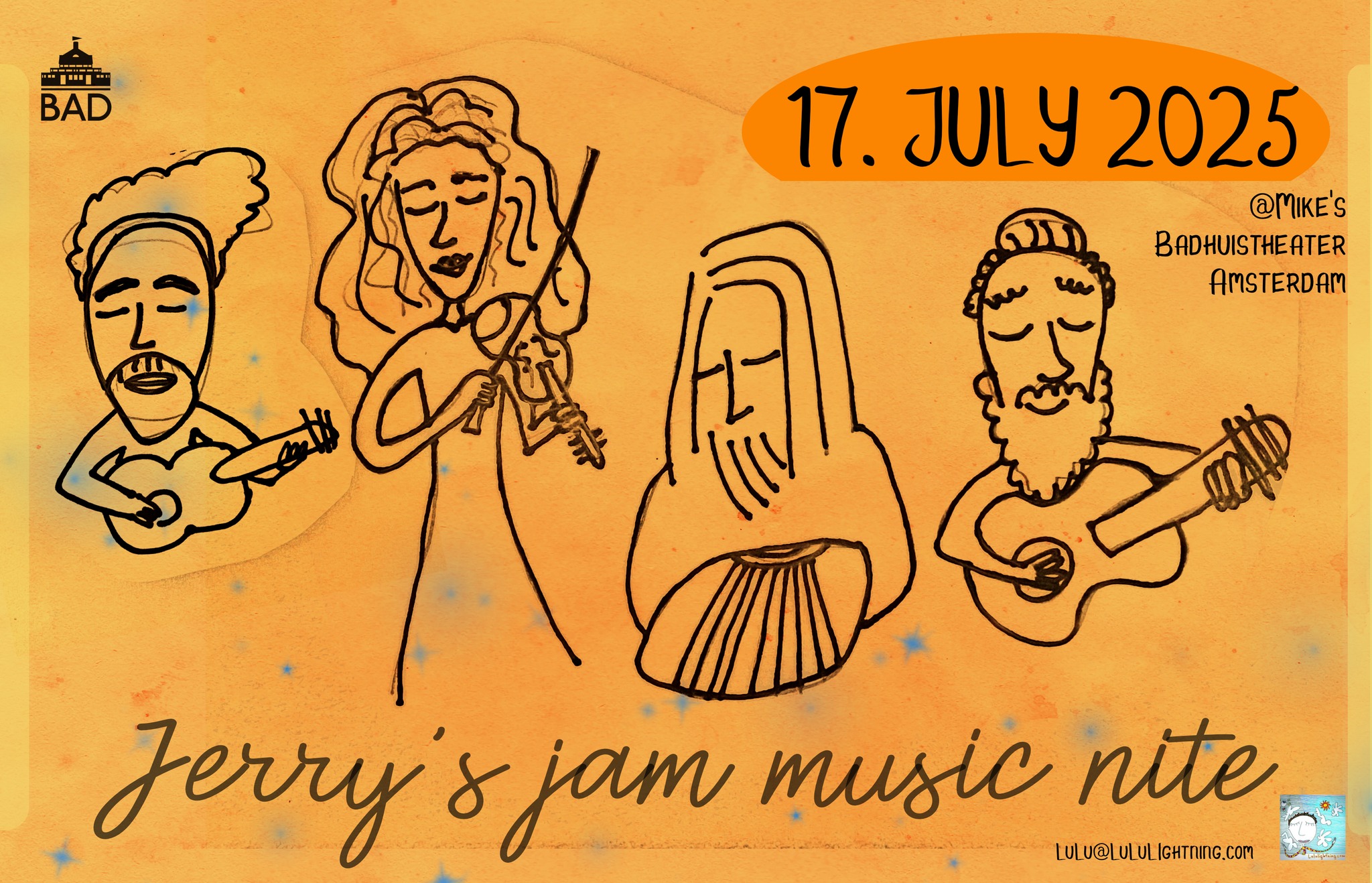 Cover photo for "Jerry's Jam Music Nite" Thurs 17 July 8pm by Badhuistheater