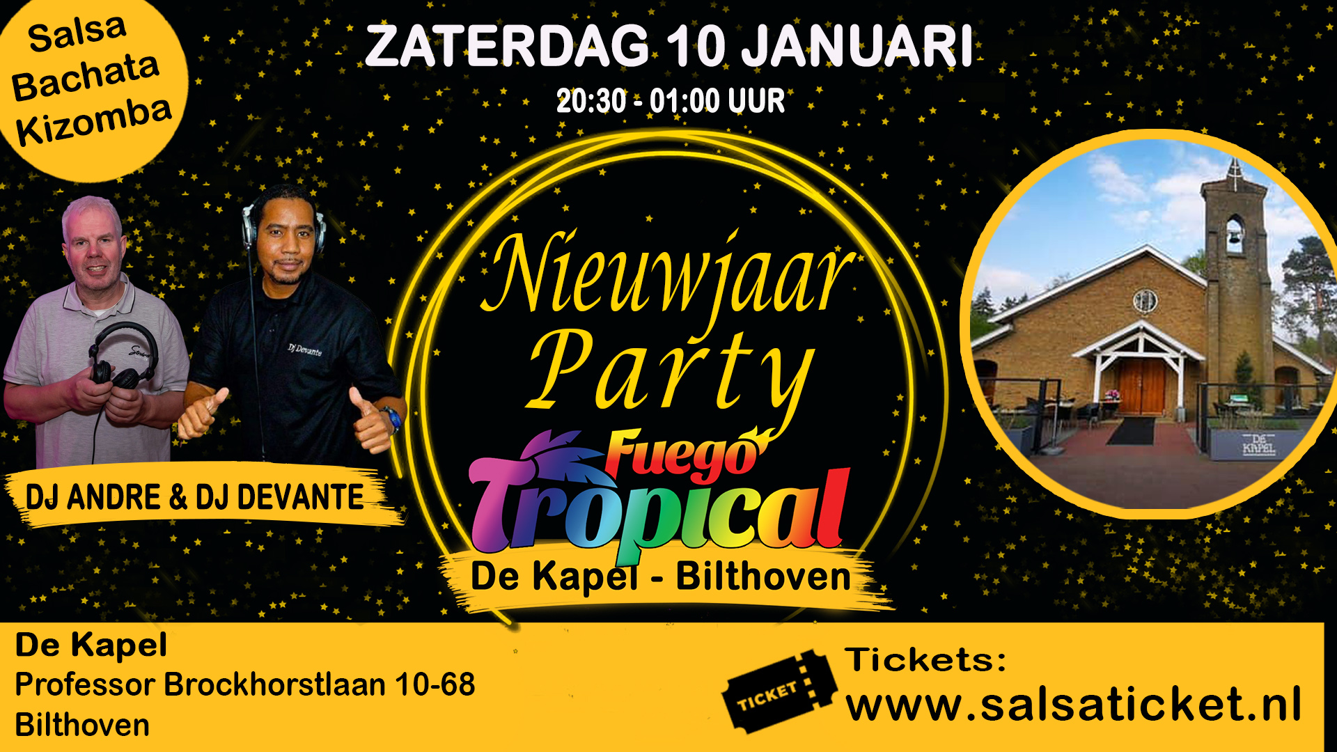 Cover photo for Fuego Tropical Nieuw Jaars Party in de kapel van Bilthoven by Salsaticket.nl