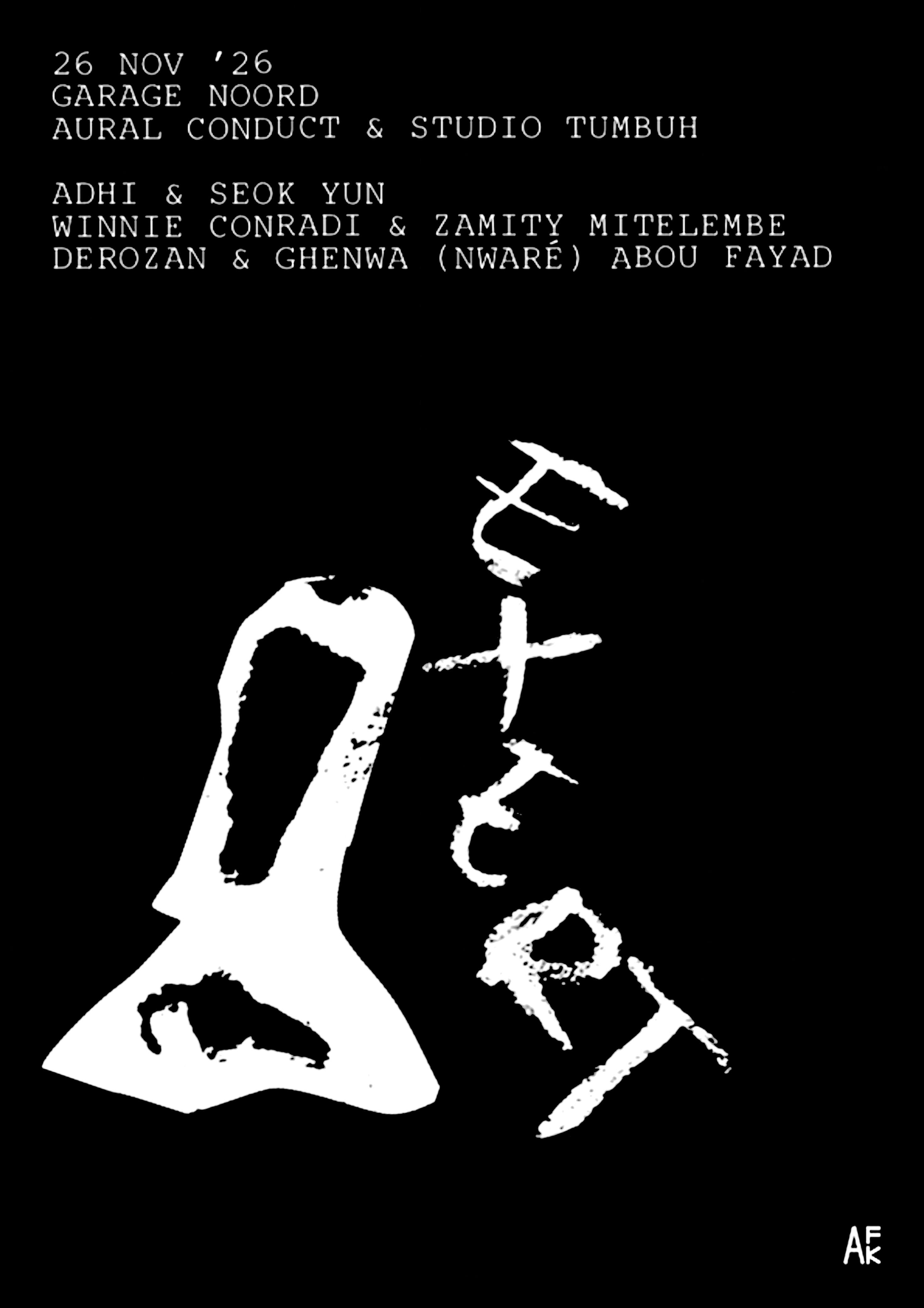 Cover photo for Exert! w/ Derozan, ghenwa (nwaré) abou fayad, Zamity Mitelembe, Winnie Conradi, Adhi, Seok Yun by Garage Noord