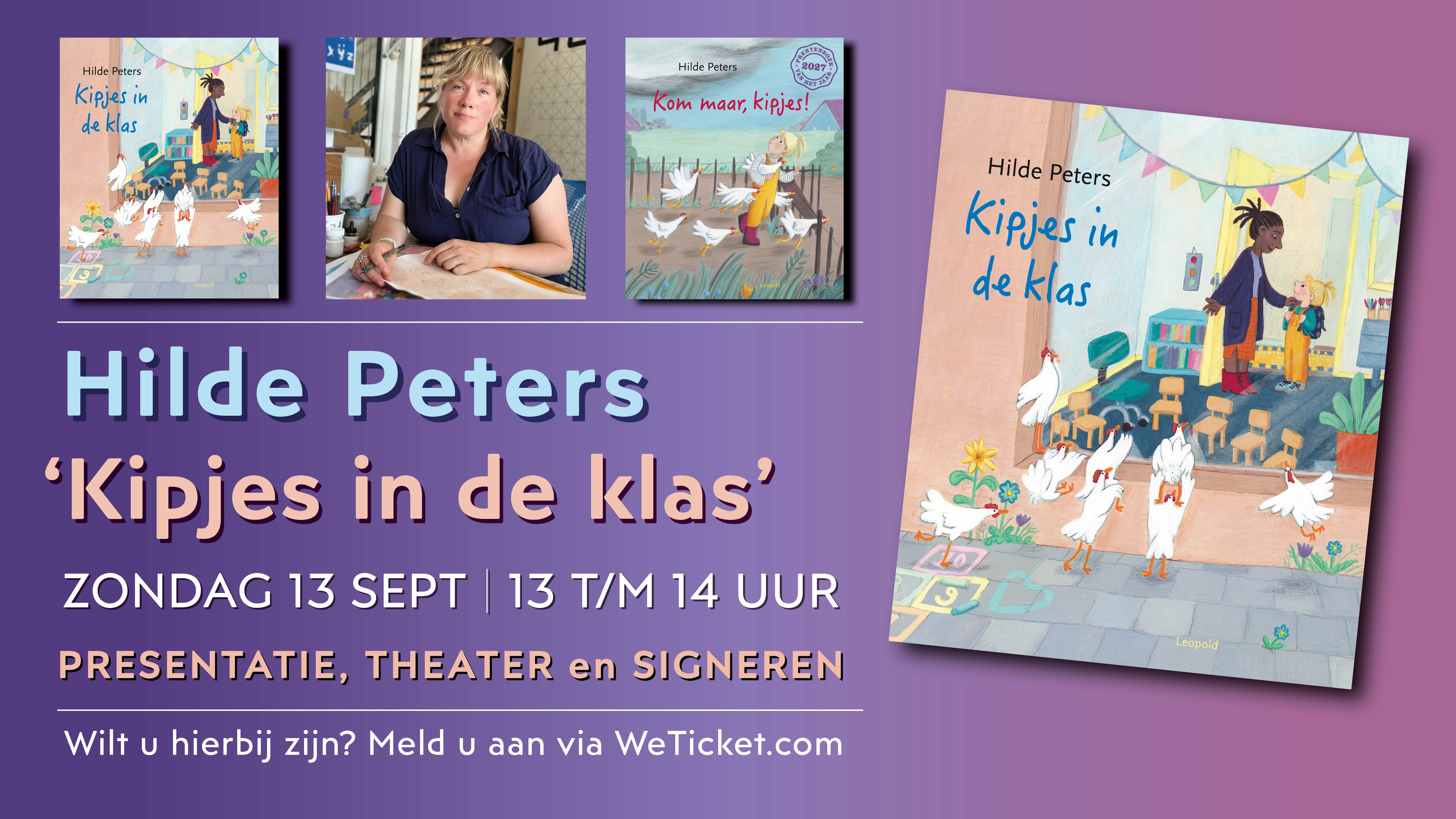 Cover photo for Boekpresentatie, theater en signeren: 'Kipjes in de klas' van Hilde Peters by Broese