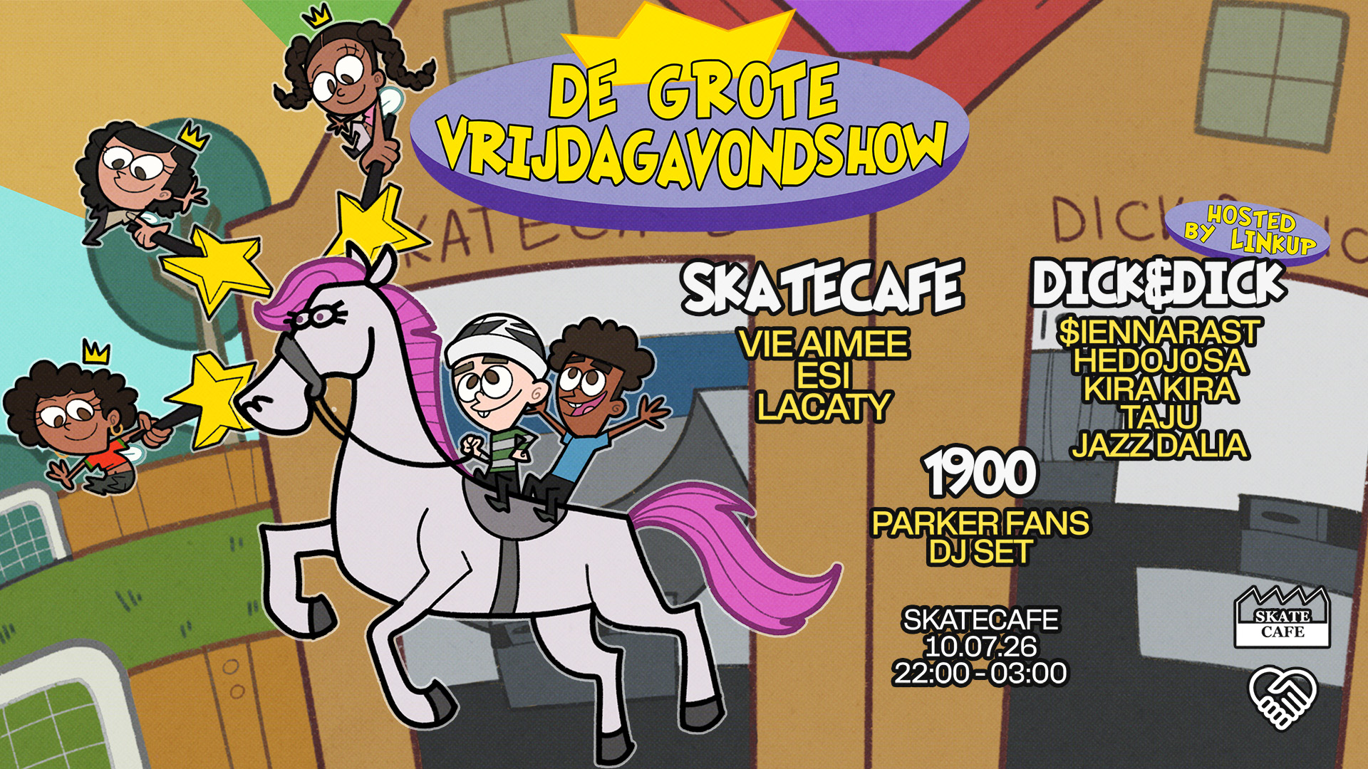 Cover photo for DE GROTE VRIJDAG AVOND SHOW W/ ESI, HEDOJOSA, JAZZ DALIA, KIRA KIRA, LACATY, PARKER FANS (DJ SET), TAJU, VIE AIMEE & $IENNA RAST by Skatecafe Karin & Yvonne
