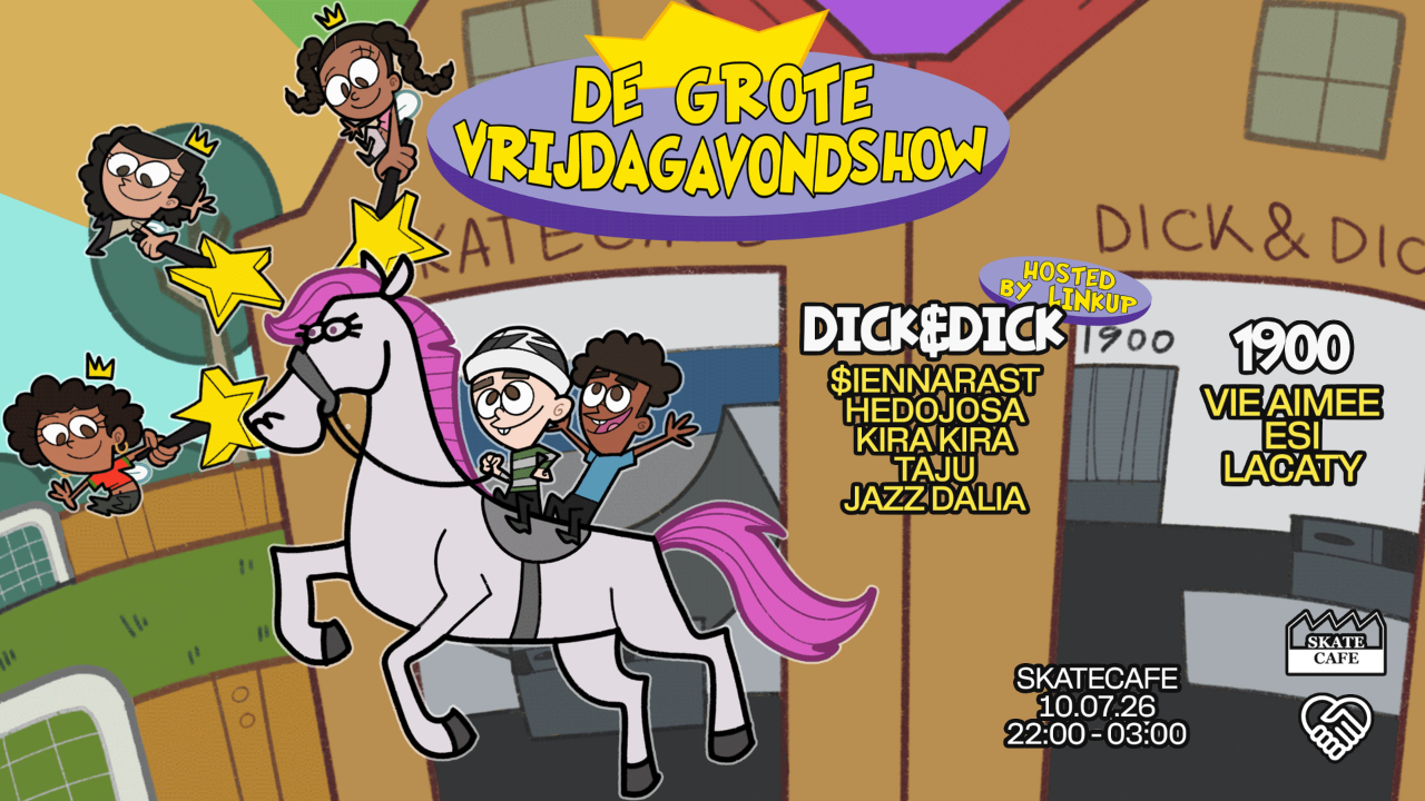 Cover photo for DE GROTE VRIJDAGAVOND SHOW W/ ESI, HEDOJOSA, JAZZ DALIA, KIRA KIRA, LACATY, TAJU, VIE AIMEE & $IENNARAST by Skatecafe Karin & Yvonne