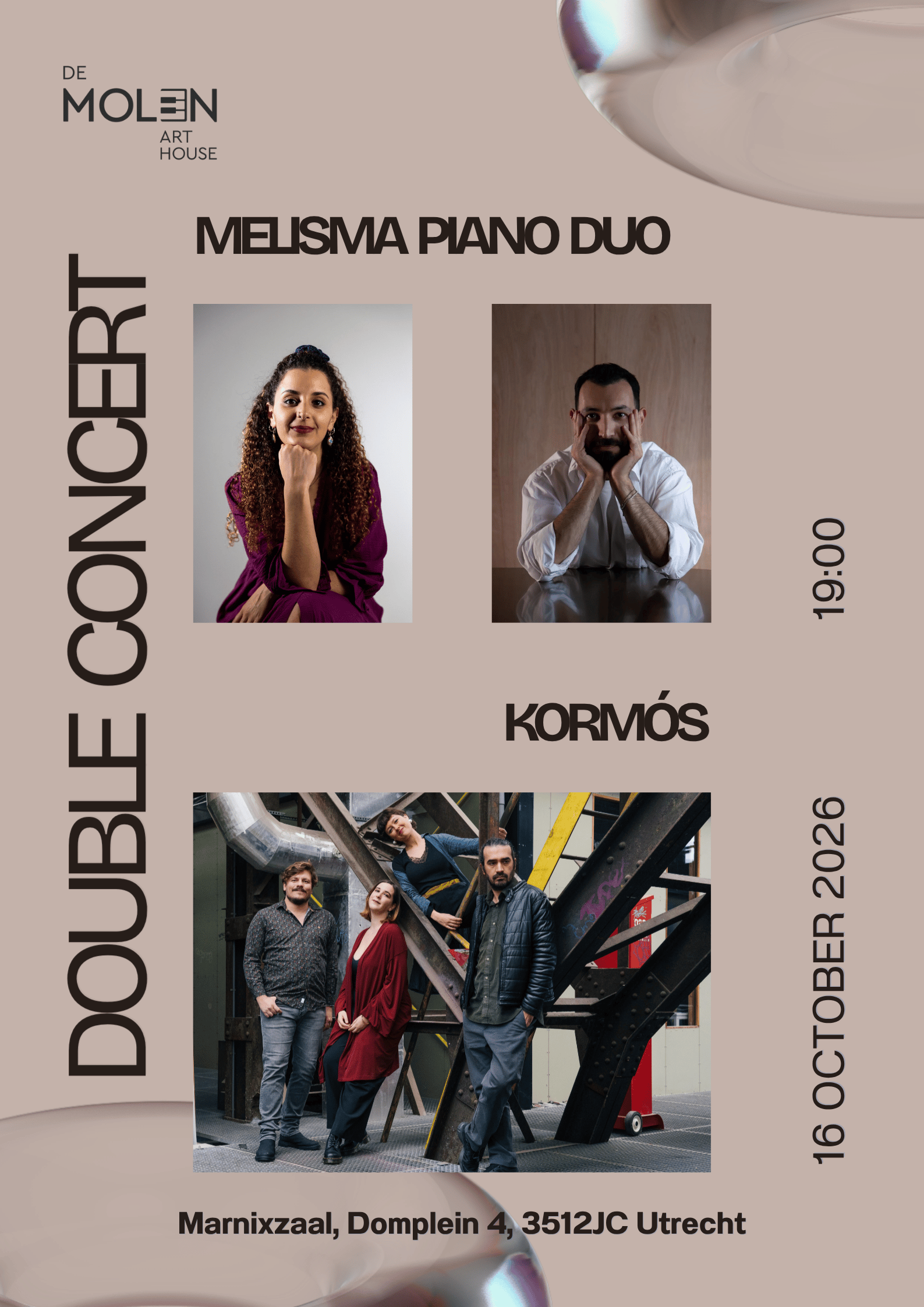 Cover photo for De Molen | ArtHouse presents: “Kormós” (album release presentation) & Melisma Piano Duo by De Molen | ArtHouse
