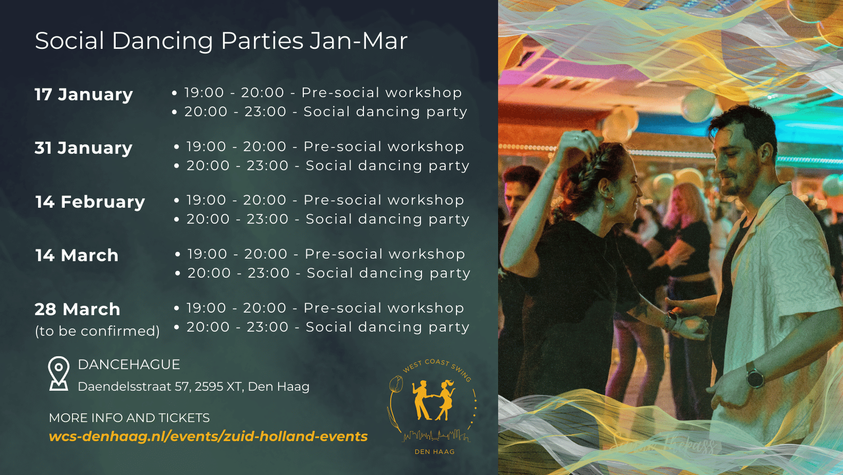 Cover photo for Den Haag - 14 MAR, WCS Workshop + Social Dance Party by West Coast Swing - Den Haag