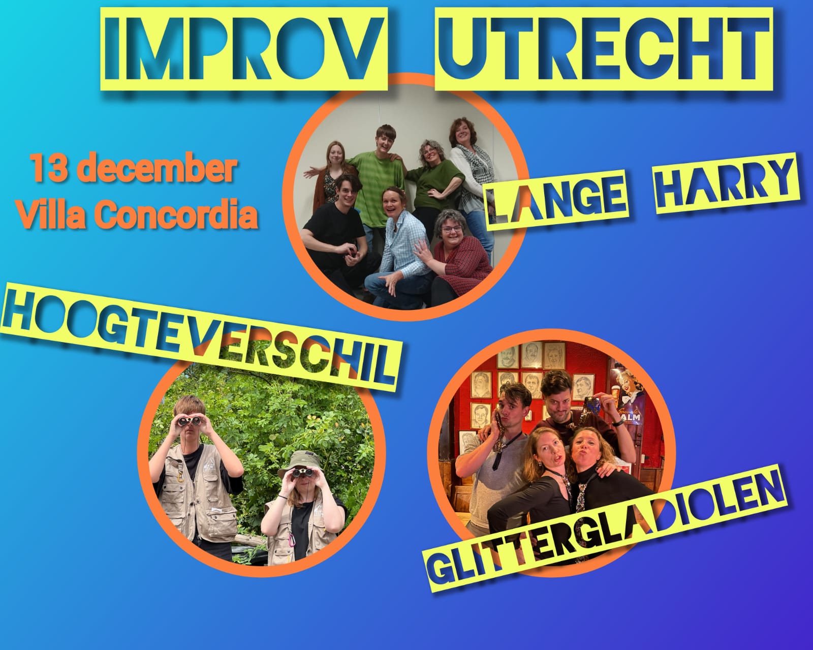 Cover photo for Drieluik: Lange Harry - Hoogteveschil - De glittergladiolen by Improv Utrecht