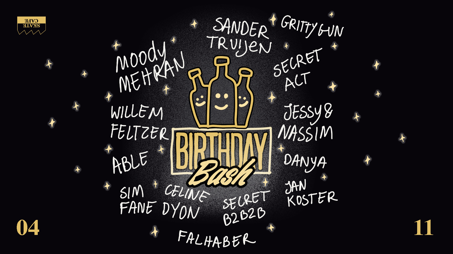 Cover photo for JESSY X SKATECAFE: ABLE • Celine Dyon • Danya • Falhaber • Grittygun • Jan Koster • Jessy • Luce Bree • Moody Mehran • Nassim Kajouane • Sander Truijen • SECRET ACT • SECRET B2B2B • Sim Fane • Willem Feltzer • by Skatecafe Karin & Yvonne