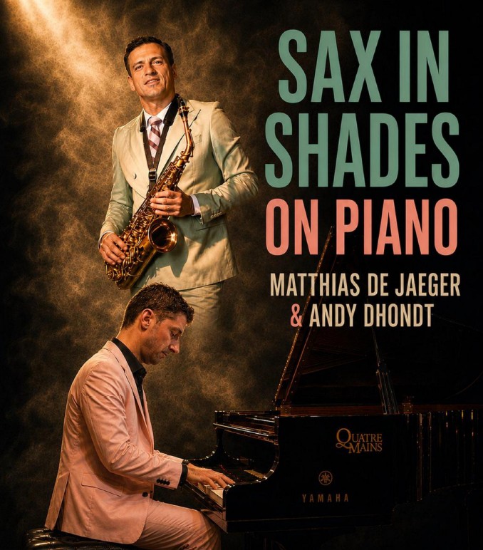Cover photo for Matthias De Jaeger & Andy Dhondt "Sax in Shades on Piano" by Beythem Kerke vzw