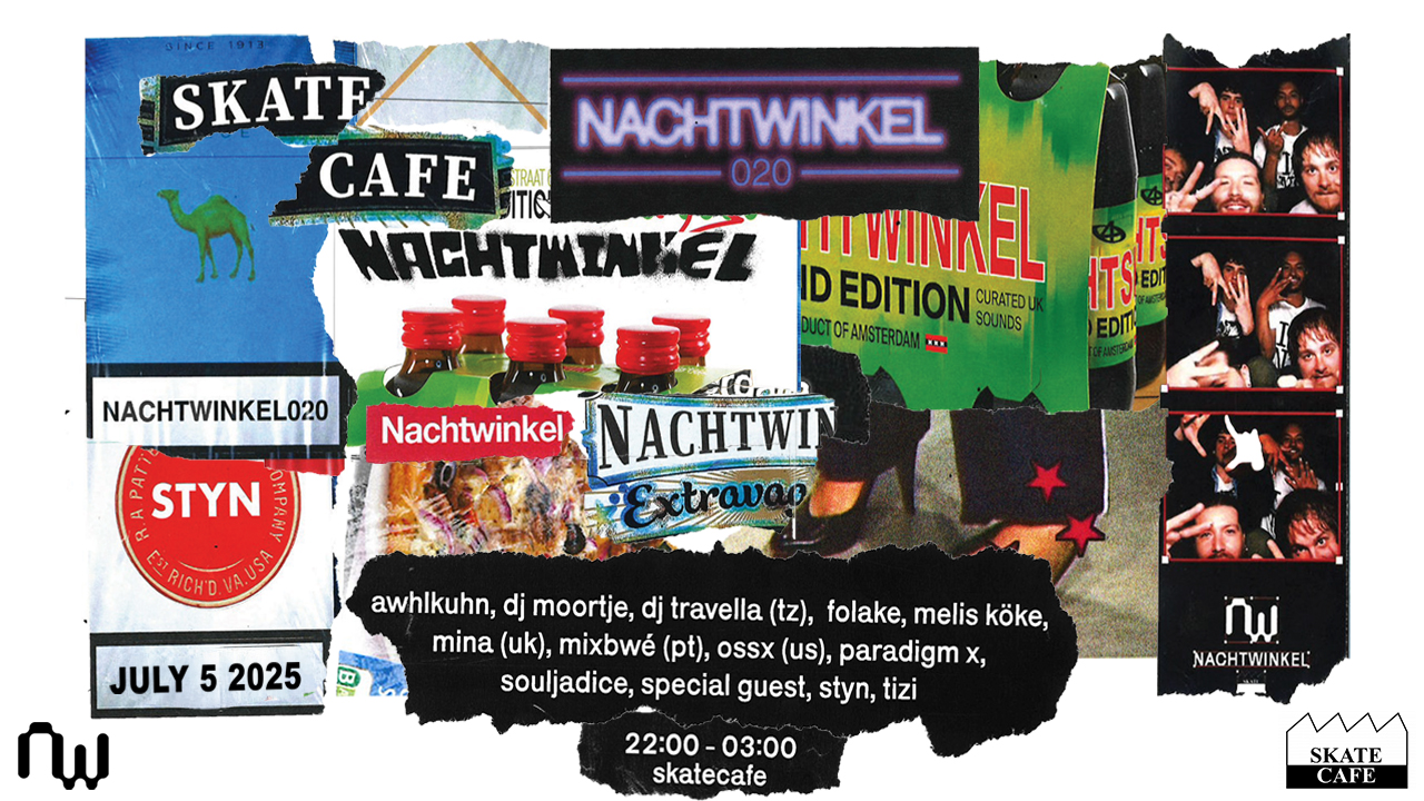 Cover photo for NACHTWINKEL: AHWLKUHN, DJ MOORTJE, DJ TRAVELLA, FOLAKE, MELIS KÖKE, MINA, MIXBWÉ, OSSX, PARADIGM X, SOULJADICE, SPECIAL GUEST, STYN, TIZI by Skatecafe Karin & Yvonne