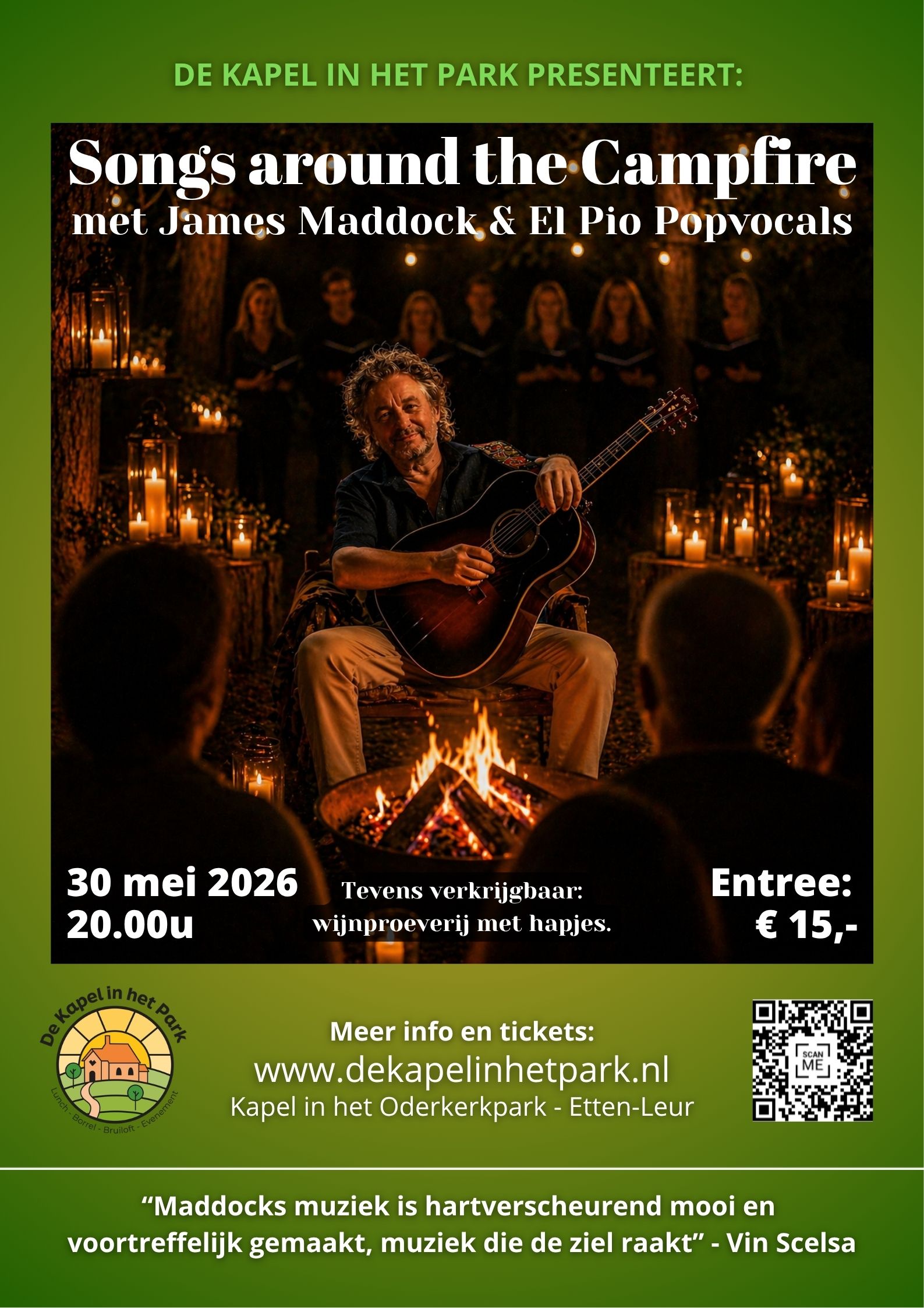 Cover photo for Songs around the Campfire met James Maddock & El Pio Popvocals by De Kapel in het Park
